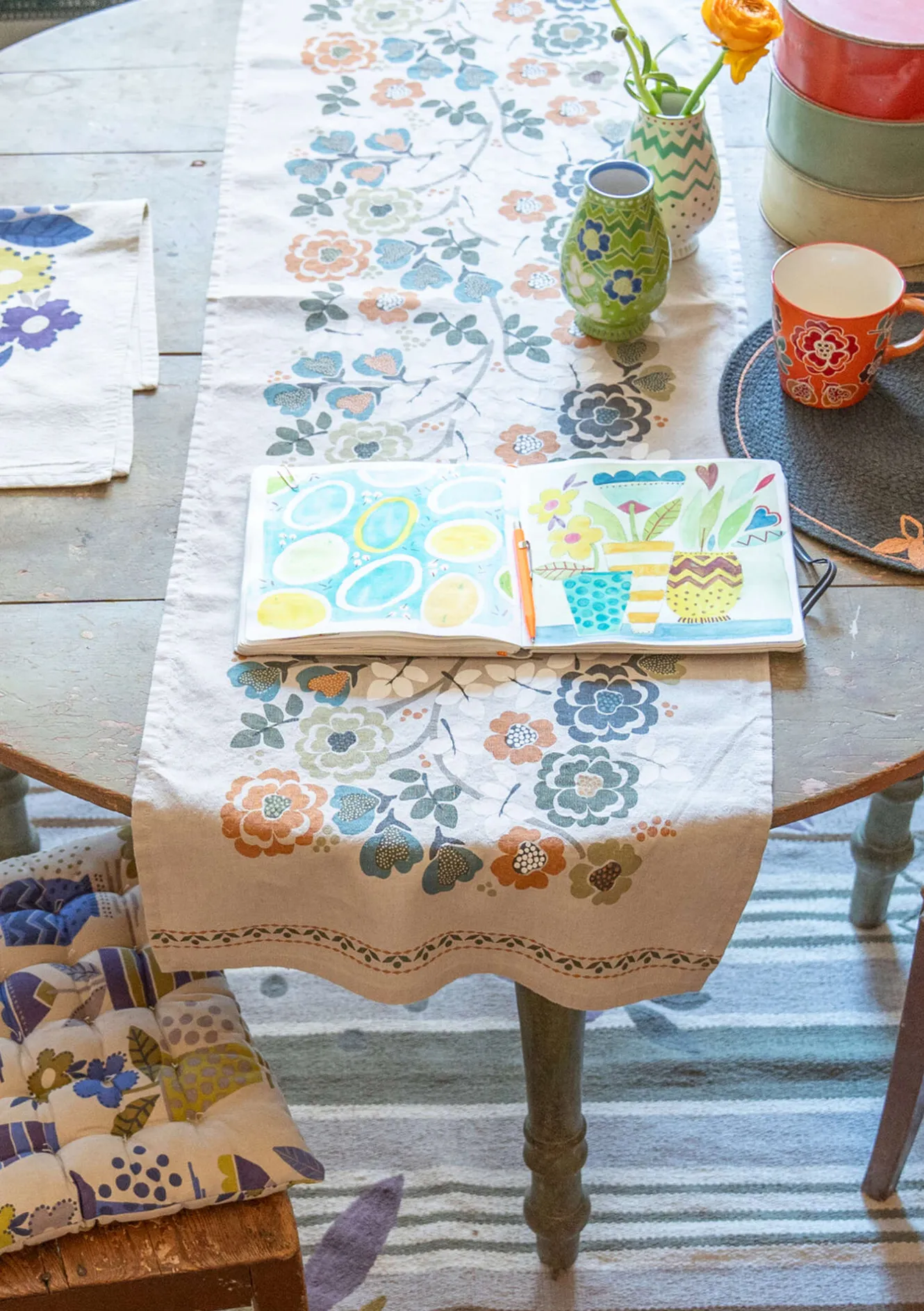 Gudrun Sjödén Löpare "Wild rose" i lin/bomull